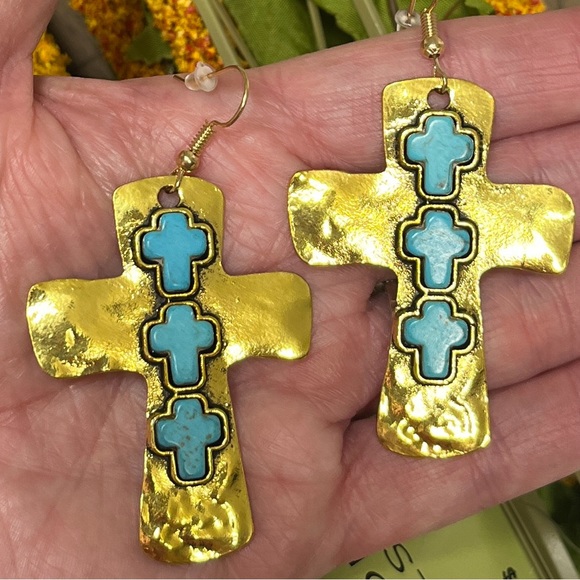 Golden hammered cross with 3 blue crosses laid vertically. 2” x 1.5”.  NIP. Nice - Picture 3 of 7